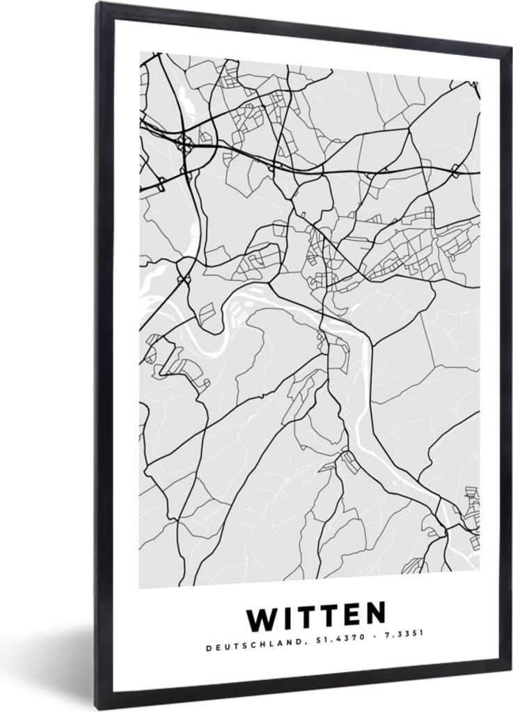 MuchoWow Gerahmtes Poster Stadtplan - Deutschland - Witten - Karte 40x60 cm - Poster mit Schwarzem Bilderrahmen Wandposter Rahmen Foto Bilder - P...