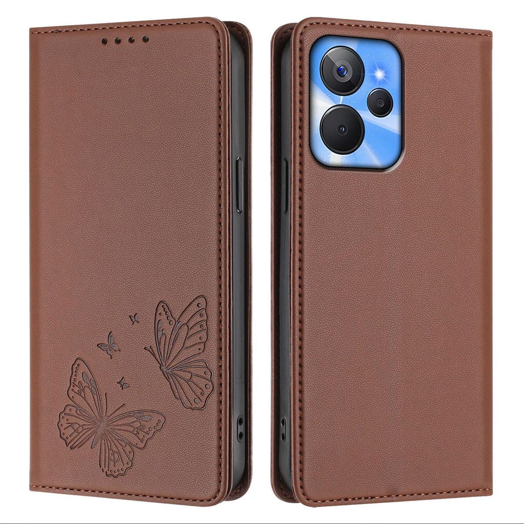 Lederhülle für Realme 10T 5G, Schmetterling Prägung Leder Brieftasche Schutzhülle mit Ständer Braun