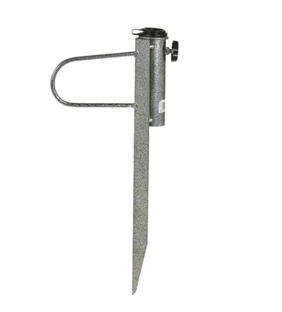 A metal ground spike for an umbrella stand.