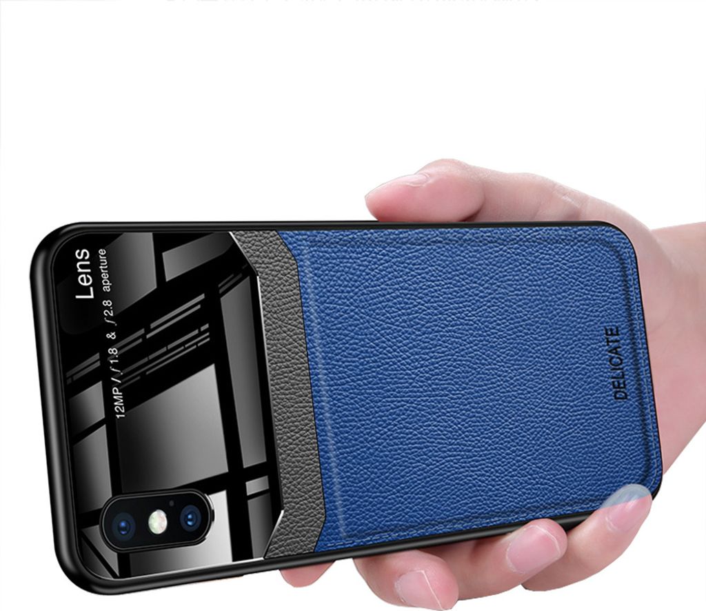 iPhone XS Hülle, LaimTop Hybrid TPU Bumper Stossfest Anti-rutsch Litschi Textur Leder Glas Len Schutzhülle Case für iPhone XS / iPhone X Blau