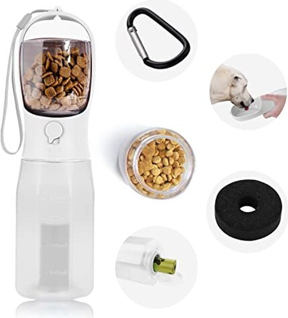 Trinkflasche Hund für Unterwegs, 600ml Tragbare Hundetrinkflasche mit 100ml Hundefutterflasche, Hundeflasche Unterwegs Wasserflasche Reisetrinknapf
