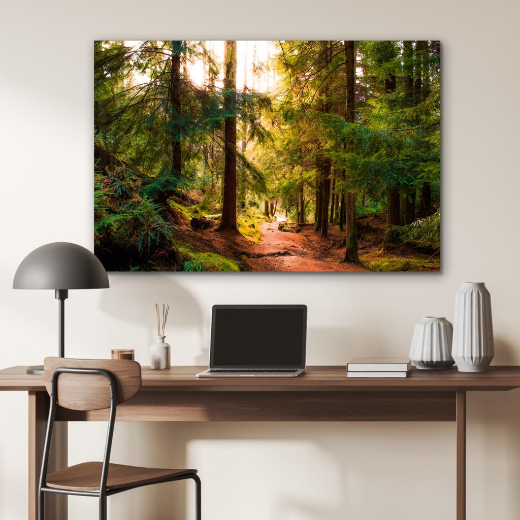 MuchoWow Wanddekoration Metall Metallbild Wandkunst 120x80 cm Wald - Weg - Bäume - Grün - Sonne - Natur MuchoWow Aluminium Gemälde - Alu Bild