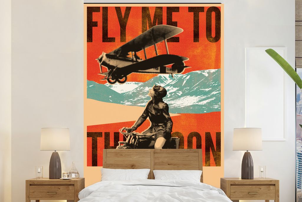 MuchoWow Fototapete für Wohnzimmer oder Schlafzimmer Wandtapete Vinyl Motivtapete Flugzeug - Motor - Vintage - Zitat - 155x240 cm - Tapete