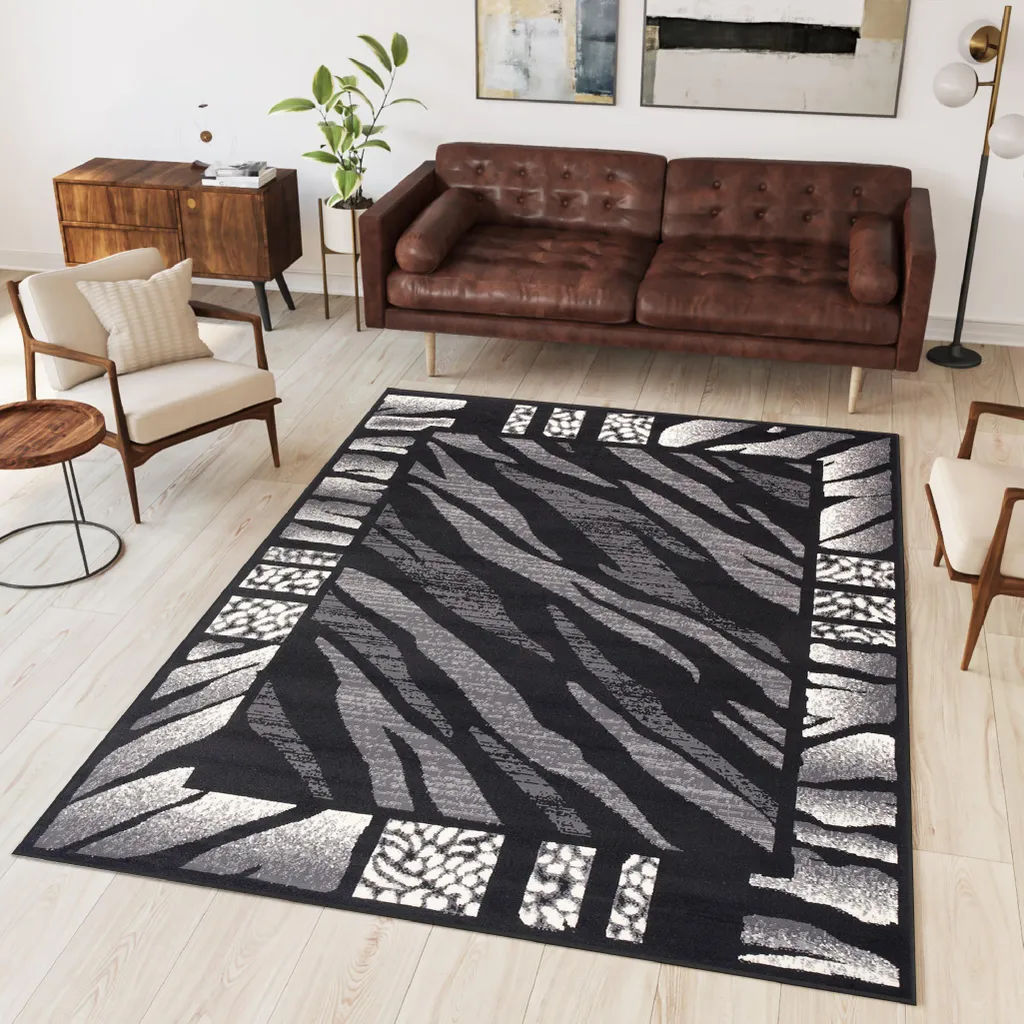Tapis de Salon Moderne Motif Zèbre Gris Noir 60x100 cm Oeko-Tex Chic