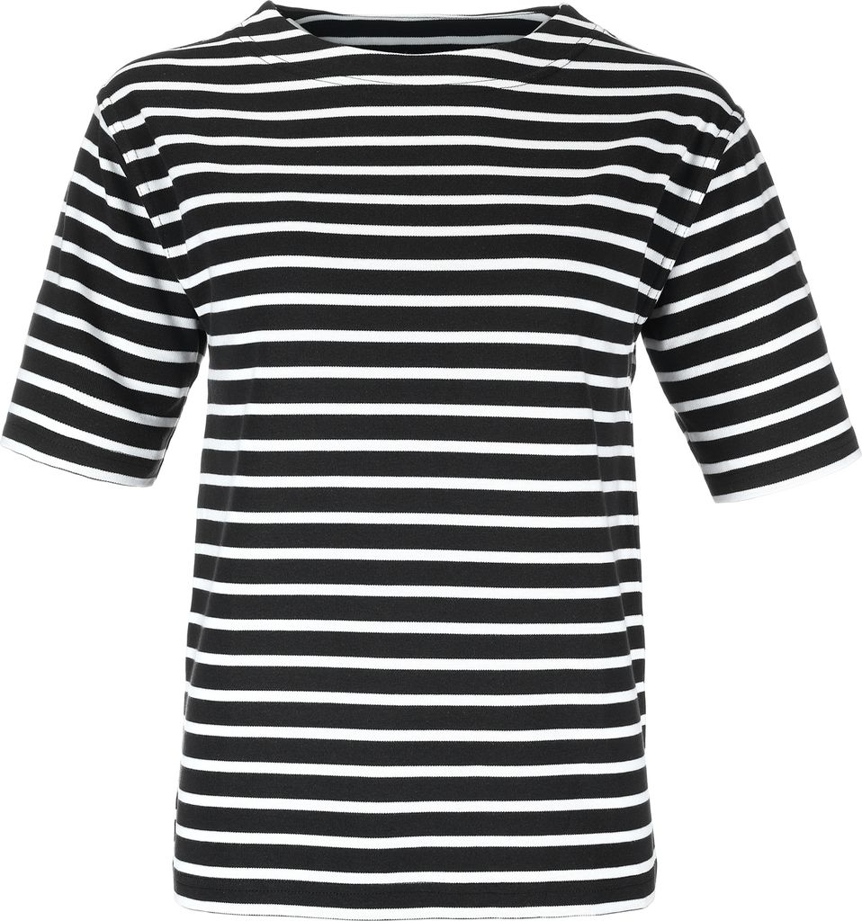 modAS Bretonisches Damen-T-Shirt mit U-Boot Ausschnitt - Ringelshirt Kurzarm Basic Shirt Gestreift aus Baumwolle in Blau-Weiß in Größe 50