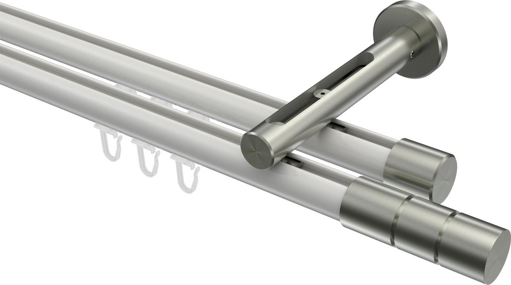 Interdeco Innenlaufstange / Gardinenstange mit Innenlauf Weiß / Edelstahl-Optik, Typ Siteno Elanto (Rillenzylinder), 20 mm Ø 2-läufig, 600 cm