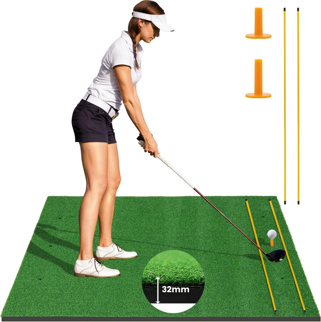 GOPLUS Golf Abschlagmatte, 152x117 cm Golf Übungsmatte mit 2 Ausrichtungsstäben, 2 Golf Tees & 6 Positionen, Golf Trainingsmatte für drinnen & d...