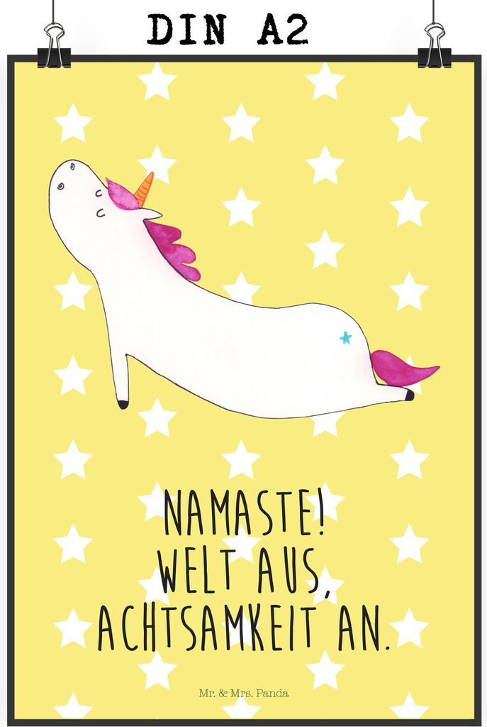 Mr. & Mrs. Panda Bild Einhorn Yoga DIN A2 - Gelb Pastell - Geschenk, Sport, Wandbild, drucke, Posterdruck, kunstposter, Namaste, Kunstdruck, Unicor...