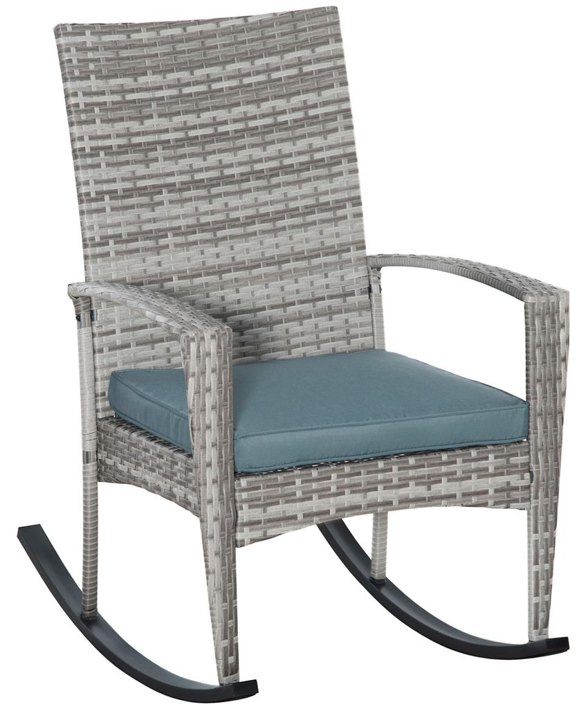 Schaukelstuhl Schwingsessel Gartenstuhl mit Kissen, Polyrattan+Metall, Grau, 66 x 88 x 98 cm