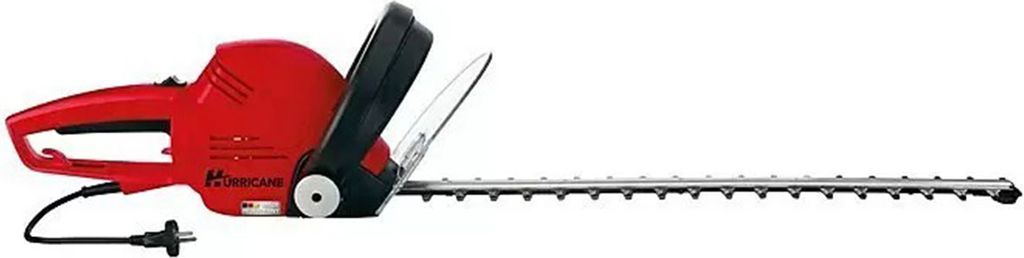 A red electric hedge trimmer with a long silver blade, shown against a white background.