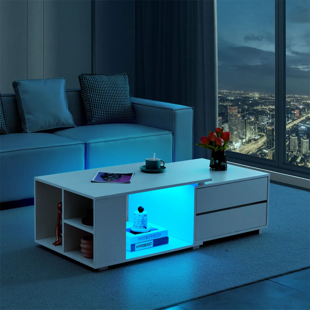 CLIPOP Table basse extensible blanche LED - 4 Tiroirs et Étagère Bois
