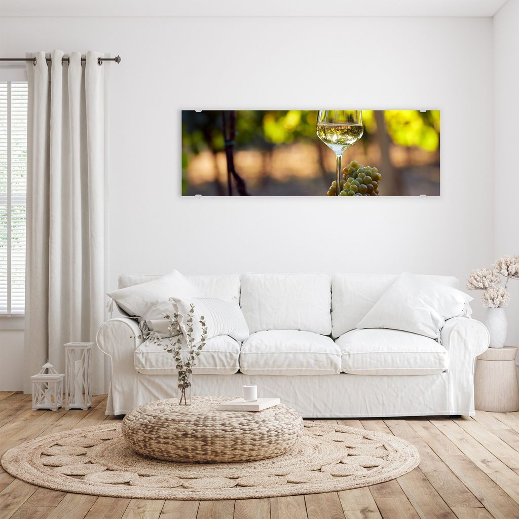 Glasbild Wandbild Glas Weisswein auf Barrel 120x40cm in XXL für Wohnzimmer, Schlafzimmer, Badezimmer, Flur