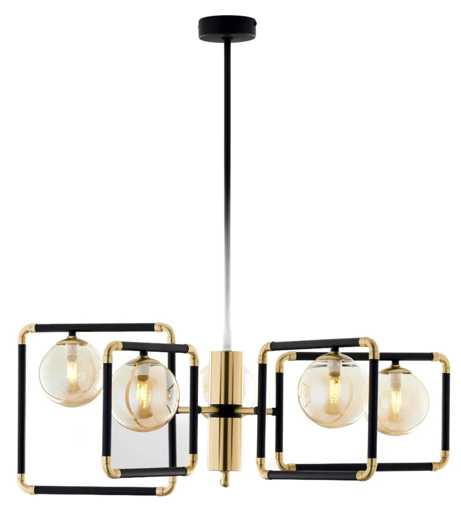 Lustre Suspension Moderne 5 Globes Ambrés IBRA en Métal Noir et Doré