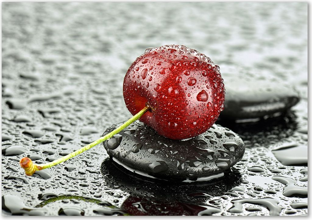 Tulup Glas-Bild - 100 x 70 - Wandbild aus Glas - Wandkunst - Wandbild hinter gehärtetem Sicherheitsglas - Essen & Getränke - Kirsche Regen - Rot