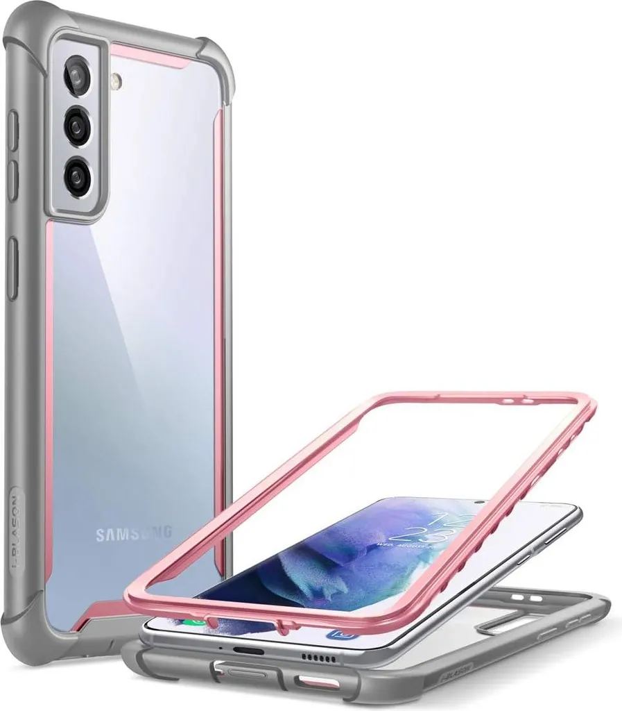 Coque rigide Samsung S21 Plus transparente cadre silicone gris rose