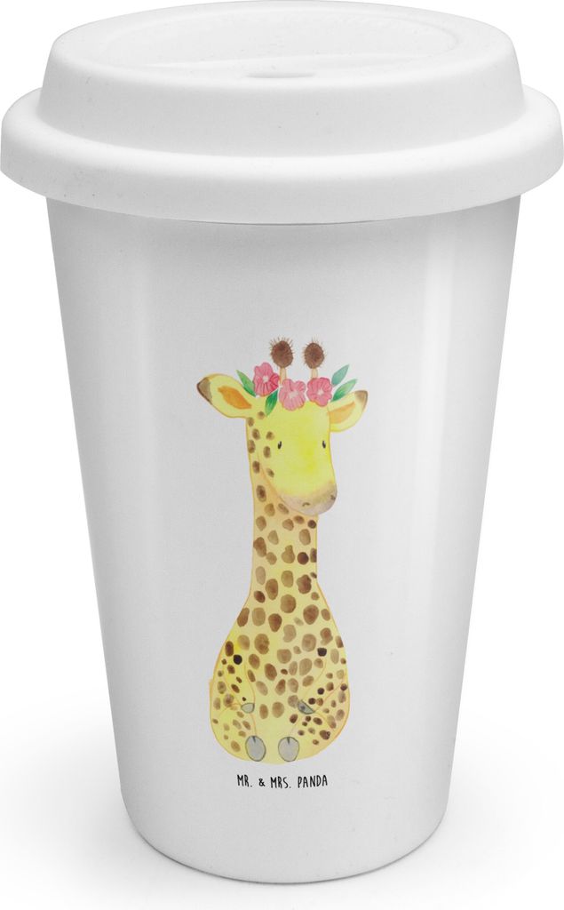 Mr. & Mrs. Panda Thermobecher Giraffe Blumenkranz - Weiß - Geschenk, Isolierkaffeebecher, To Go, Isolierbecher, Selbstliebe, ToGo Kaffeebecher, Af...