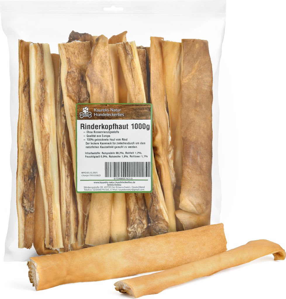 Rinderkopfhaut 1000g ca. 25-30 cm Kopfhaut Stangen für Hunde
