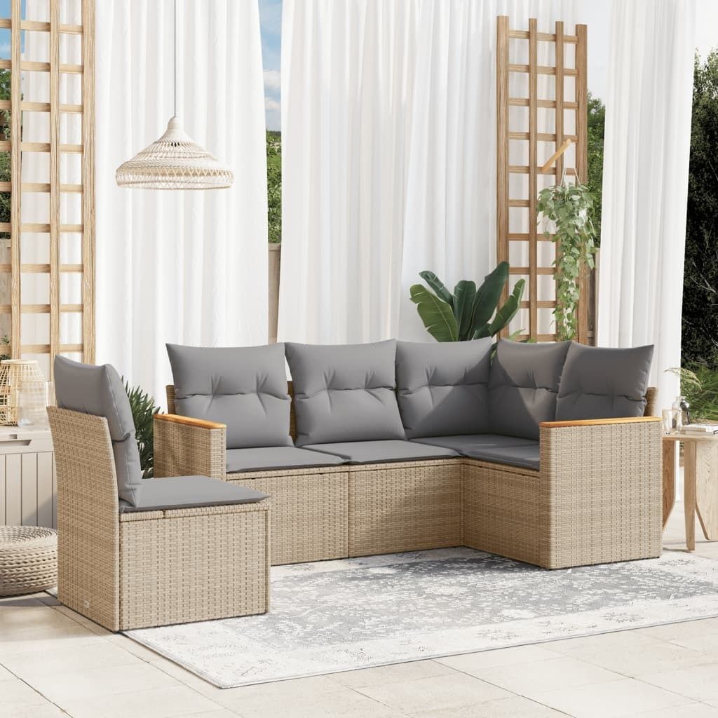 Design 5-tlg. Garten-Sofagarnitur mit Kissen Beige Poly Rattan, Gartenmöbel-Sets 2024 Neu