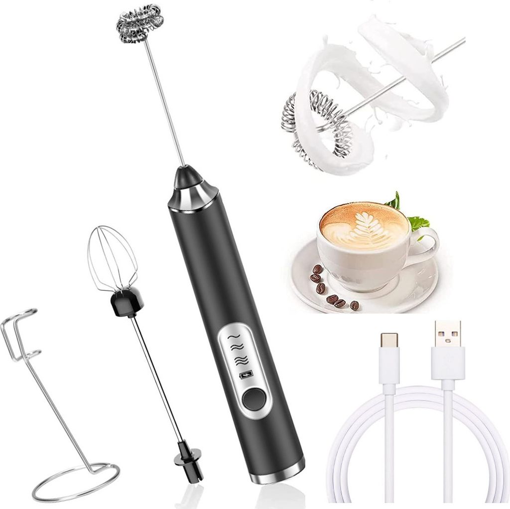 Verbesserter J-3 Schwarzer Doppelkopf + Halterung Nr. 1 - Elektrischer Milchaufschäumer