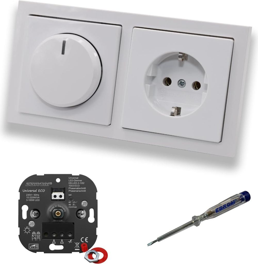 EBROM 1003 Universal ECO LED Drehdimmer Dimmer + Busch Jäger Dimmerscheibe 6540-84-102 und Steckdose mit Kinderschutz 20EUCKS-84 in Future Linear ...