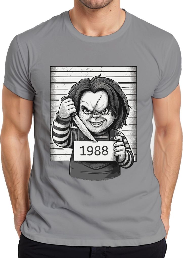 Chucky Mörderpuppe 1988 Horror Polizeifoto Killer Puppe Cult Herren T-Shirt, Grau, L