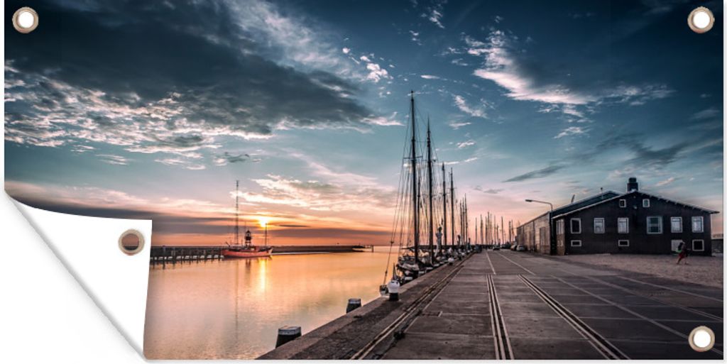 MuchoWow 60x30 cm Outdoor-Poster Gartendeko Sichtschutz Garten Poster für den Garten Sonnenuntergang im Hafen von Harlingen in Friesland