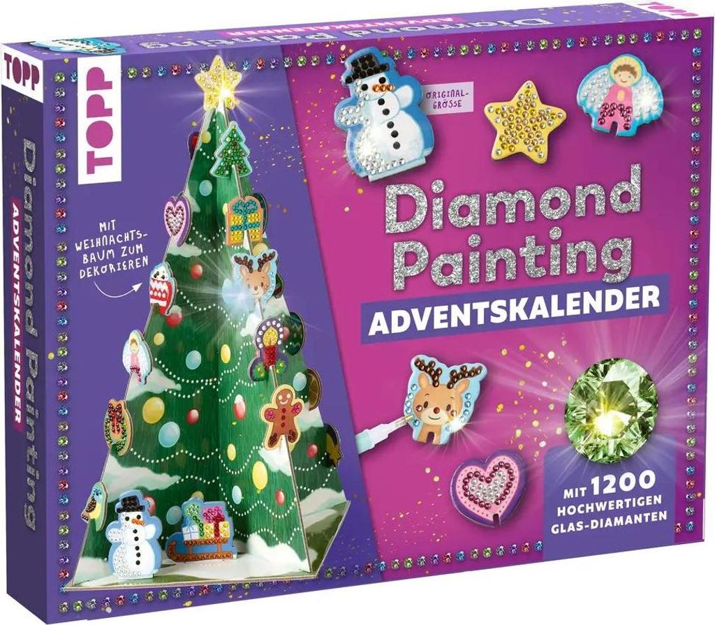 The image shows the packaging of a Diamond Painting Advent Calendar with a Christmas tree theme.