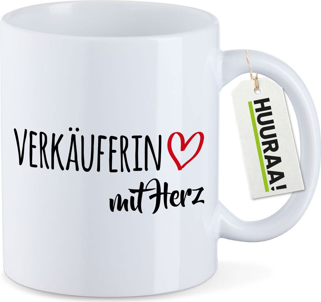Huuraa Kaffeetasse Verkäuferin mit Herz 330ml Weiß Keramik Kaffeebecher Geschenkidee