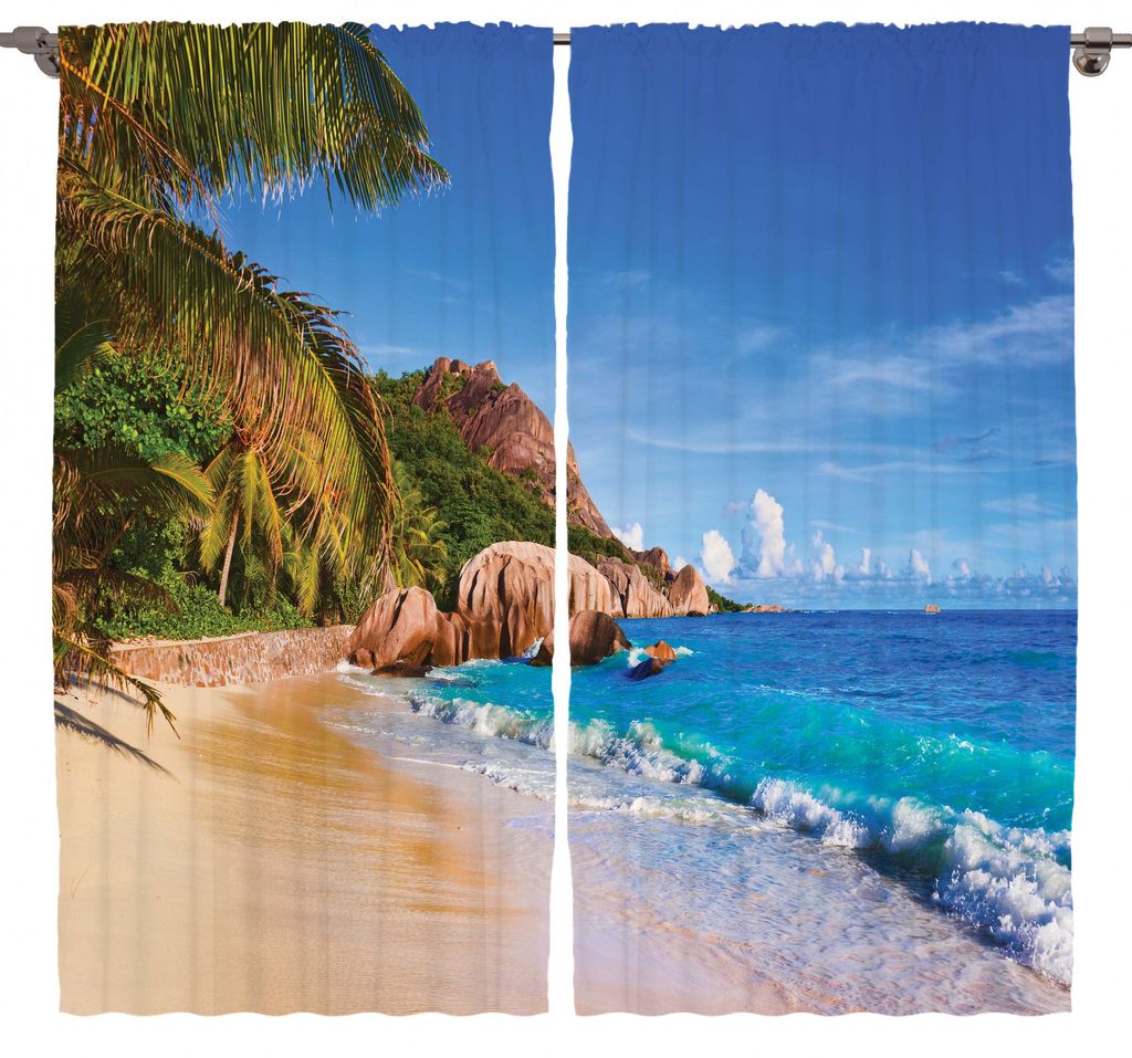 ABAKUHAUS Strand Rustikaler Gardine, Sommer Meer und Palmen, Schlafzimmer Kräuselband Vorhang mit Schlaufen und Haken, 280 x 225 cm, blau, Braun,