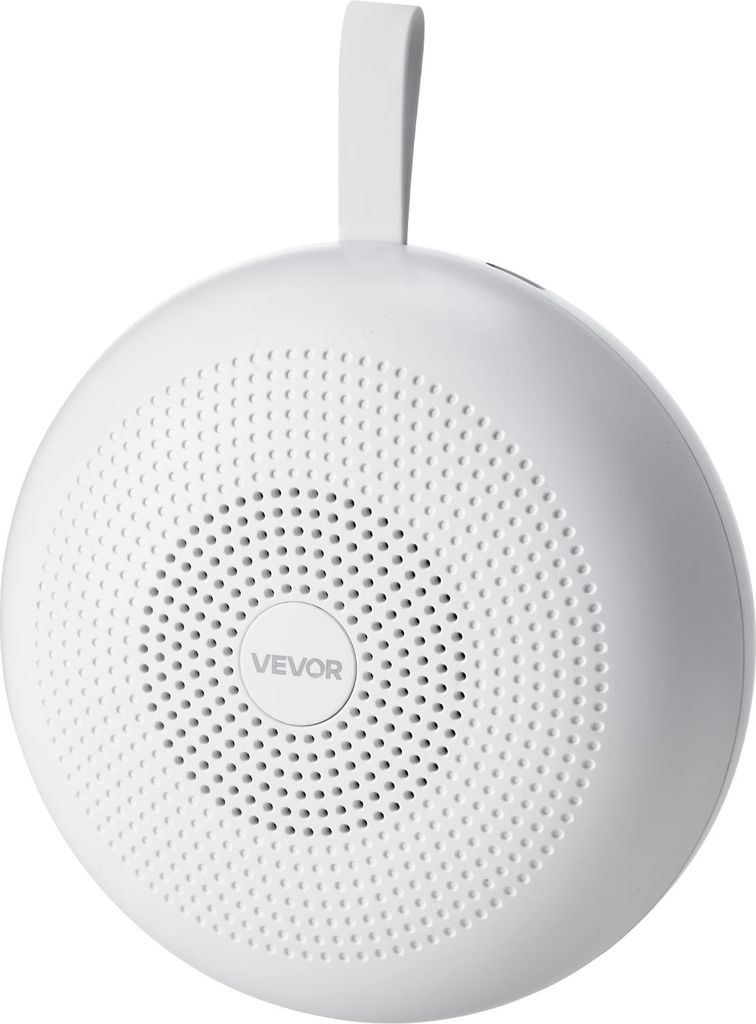 A white, spherical white noise machine with a handle on top.