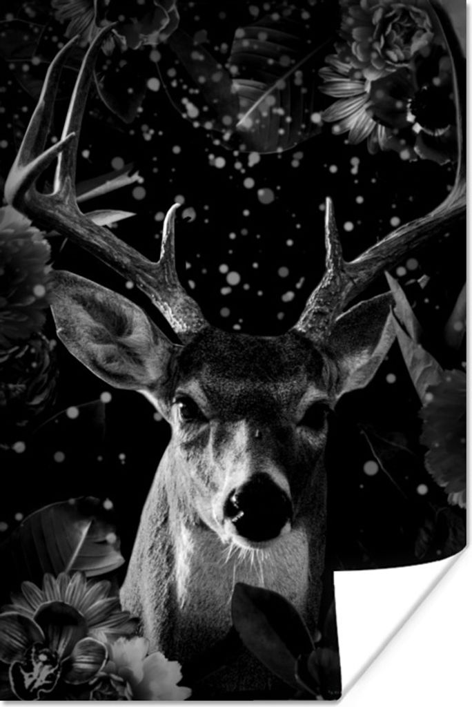 MuchoWow Poster Botanische Hirsche mit Lichtkugeln auf schwarzem Hintergrund - schwarz und weiß 40x60 cm - Plakate für die Wand - Poster Babyzi...