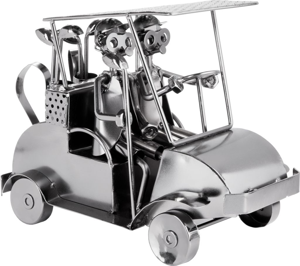 A metal figurine of a golf cart with two figures driving it, on a white background.