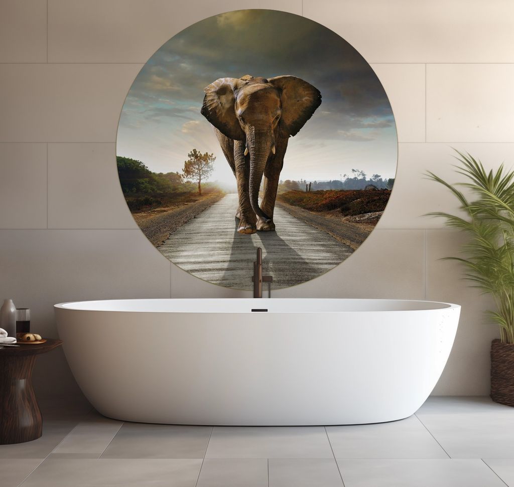 Wallario wasserfestes Poster selbstklebend 120 x 120 cm, Elefant bei Sonnenaufgang in Afrika, Badezimmerposter Spritzschutz mit Hochglanzoberfläch...