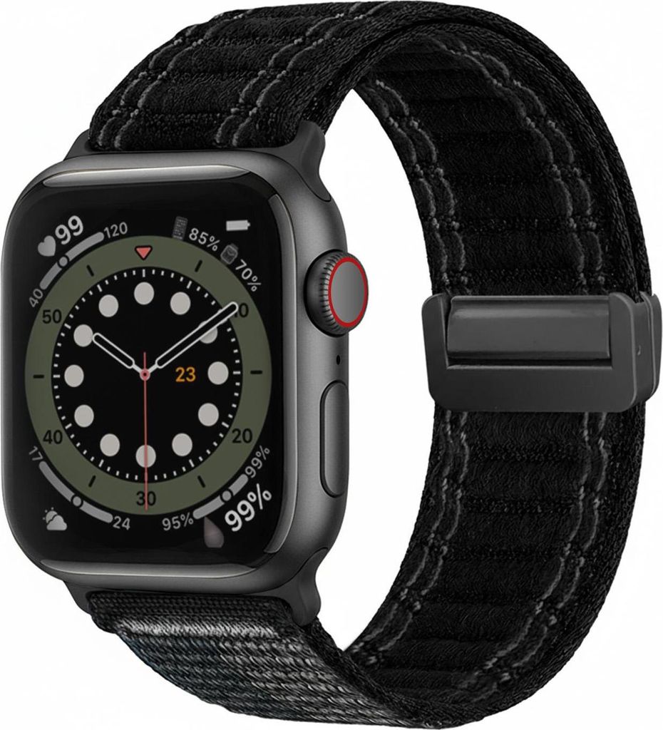 Smartwatch Armband für Apple Watch SE 3 44mm Nylon Textil Band Ersatzband Wechselband Magnetverschluss flexibel atmungsaktiv Schwarz