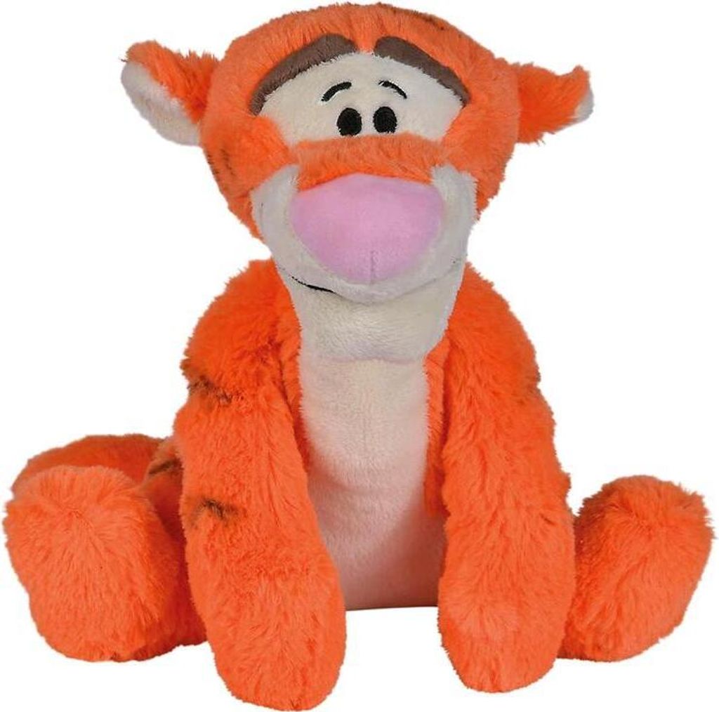 A plush toy of the character Tigger from Winnie the Pooh is sitting down against a white background.