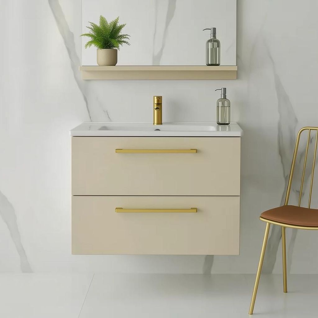 Waschbecken mit Unterschrank ONE mit Waschbecken 2 große Schubladen Kaschmir 80x50x46 hängend Badmöbel Badezimmer Griffe Badezimmermöbel Badmöbel