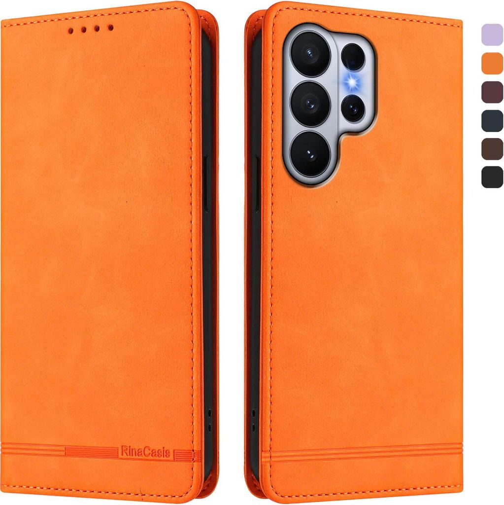 Hülle für Samsung Galaxy S26 Ultra, Retro Kunstleder Ständer Klapphülle mit Kartenfächer und Magnetische Orange