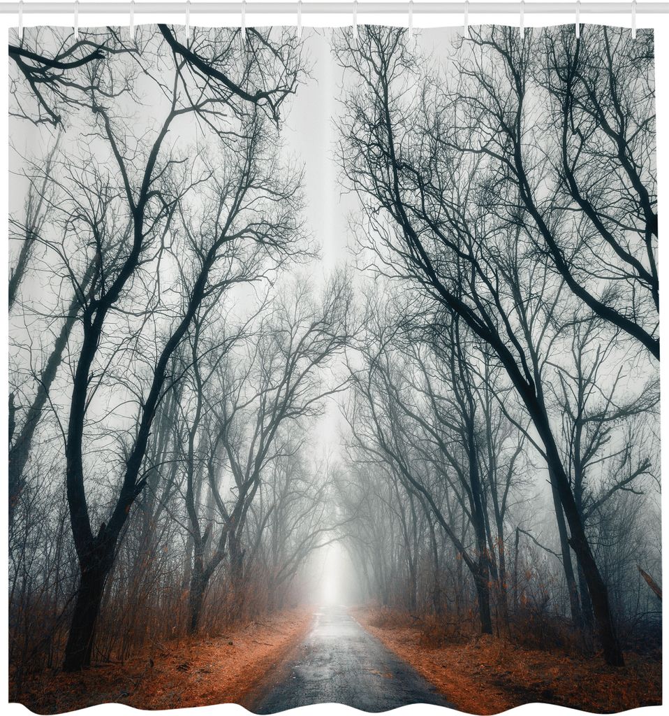 ABAKUHAUS Mystiker Duschvorhang, Straße In Richtung Des Bewölkten Herbst Himmel Baum Goldenen Blattes Artwork Druck, Stoffliches Gewebe Badezimme...