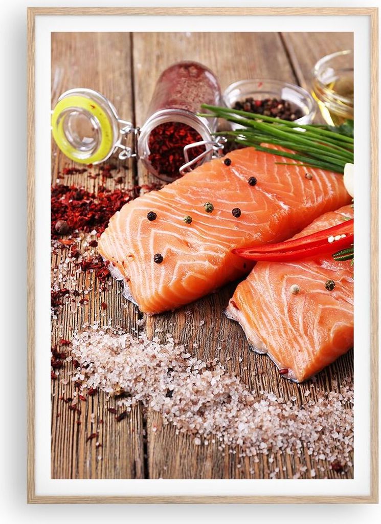 Gerahmtes Poster - Rahmen in heller Eiche - Lachs Fisch Essen Küche - 70x100 cm - Wand Bild - Wanddeko - Wandbilder - Wandposter - Bilderrahmen - ...