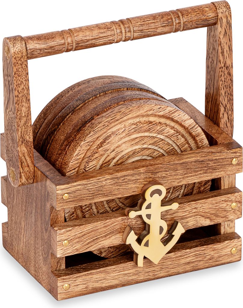 NKlaus 8cm Maritimes 6 Untersetzer im Korb 10 x 6cm aus Mangoholz Anker motiv 14645