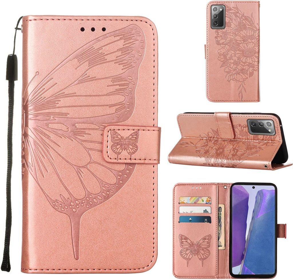 Galaxy Note 20 4G Hülle, Schmetterling Prägung Flip Leder Produktbild 