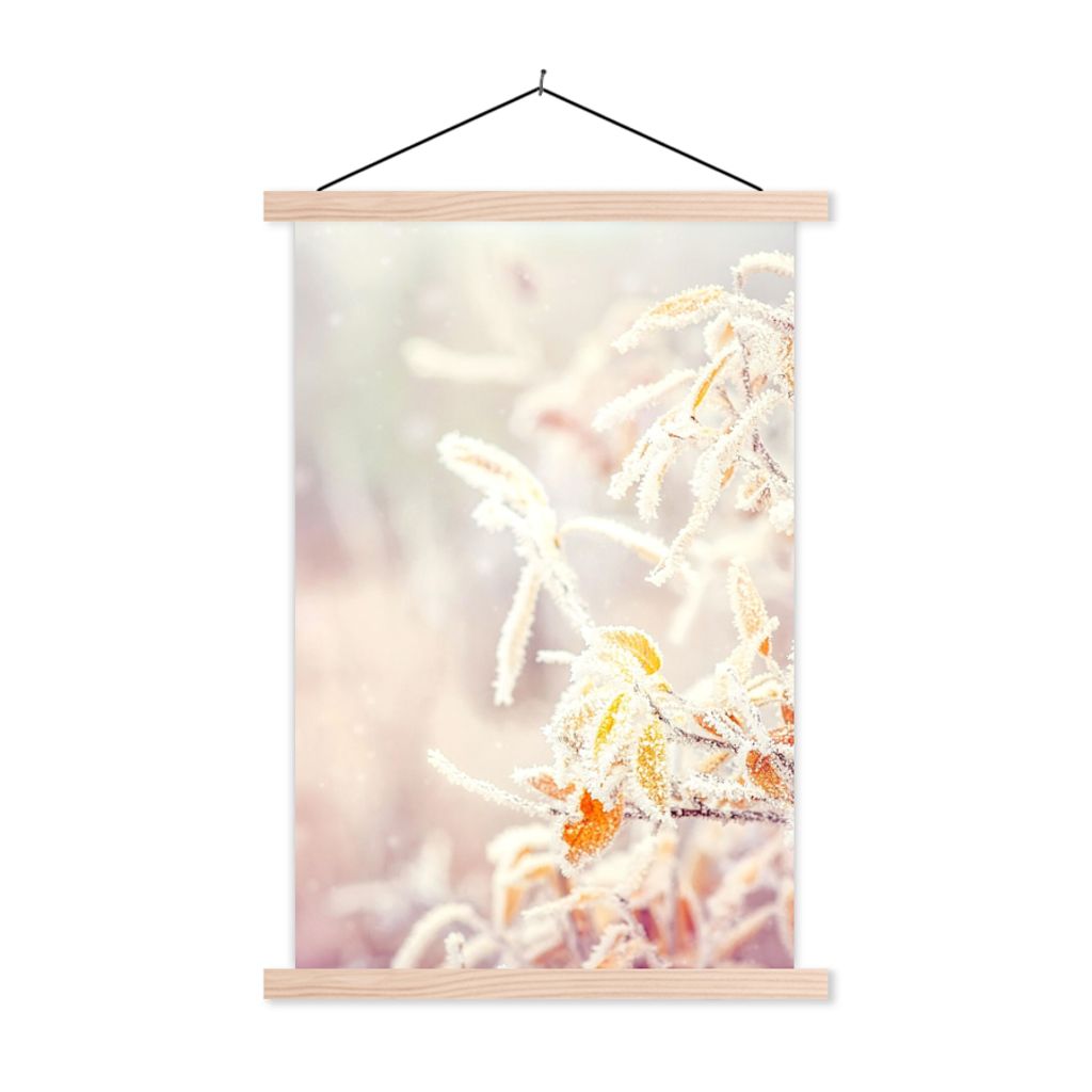 MuchoWow Textilposter Winter - Äste - Schnee - Natur 60x90 cm mit holzfarbenen Rahmen - Textil