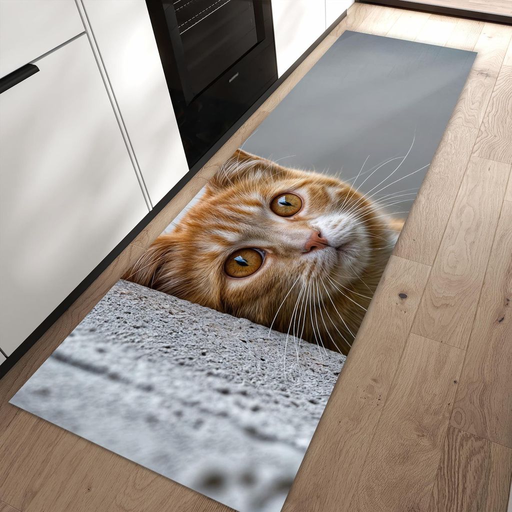 Küchenteppich 60x90cm rutschfest & abwischbar PVC Läufer - Neugierige Katze