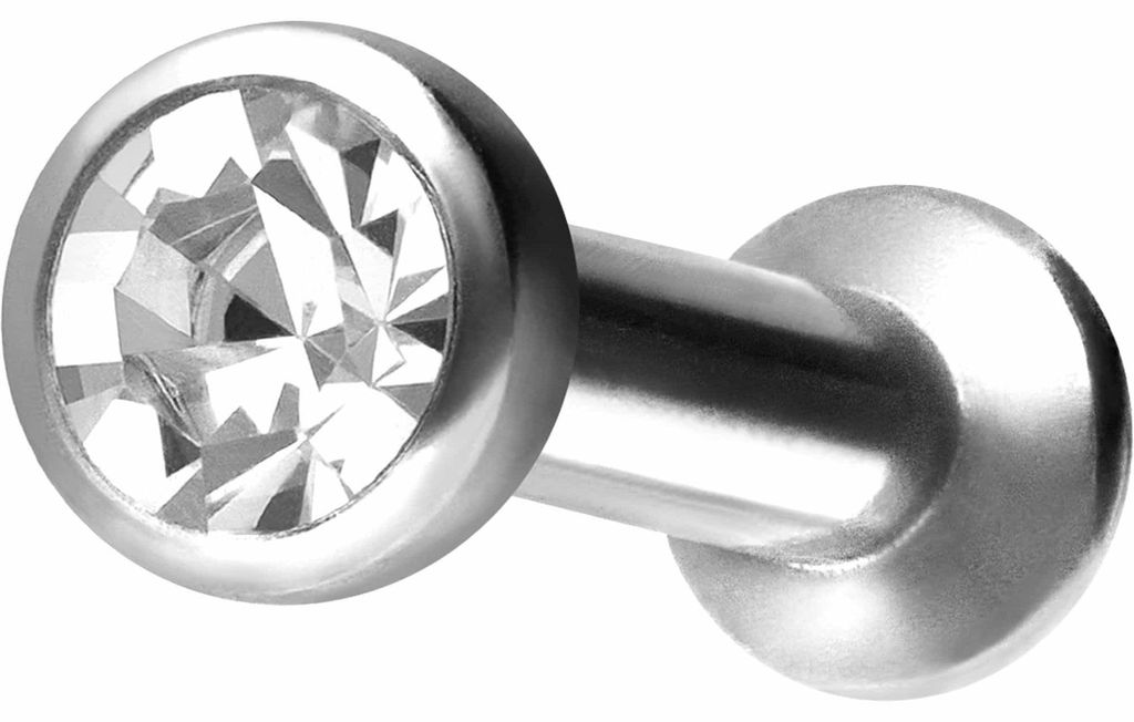 Ohrpiercing, Nasenpiercing Titan Triple Piercing Mini Labret mit Innengewinde FLAT-DISC + KRISTALL Silber Stablänge: 5mm | Discgröße: 2,5mm