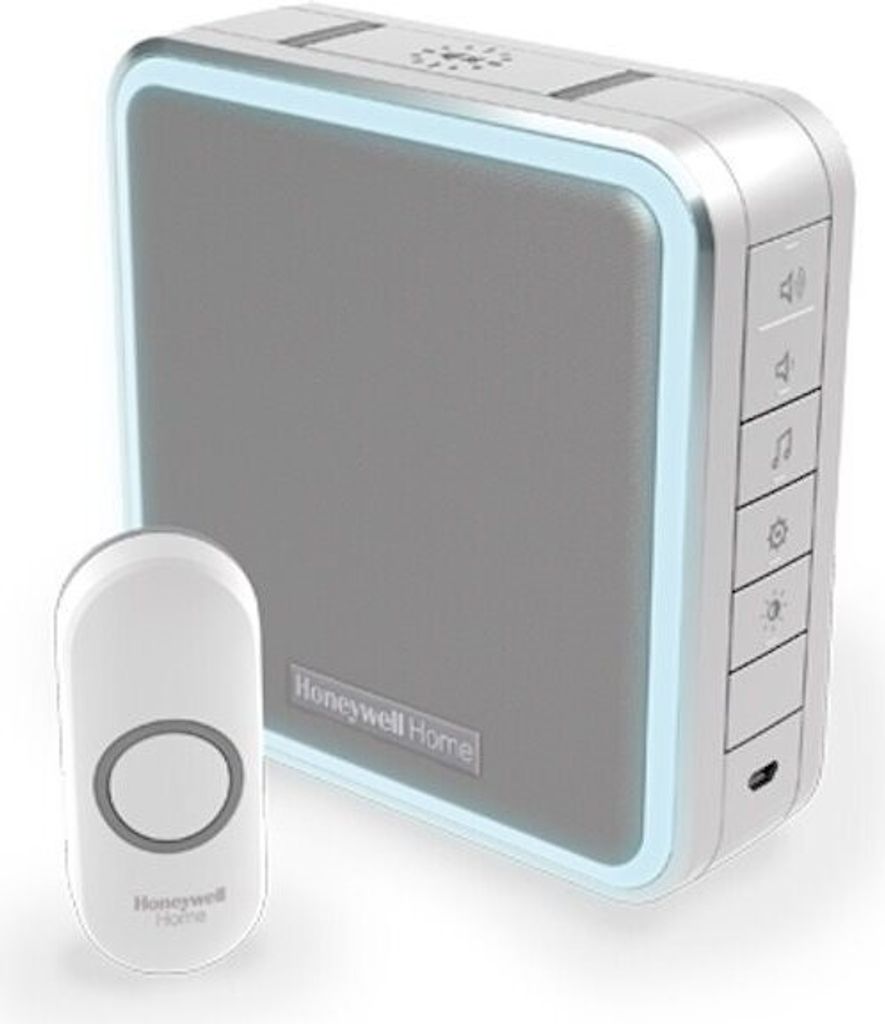 Honeywell DC915N Funk-Türklingel Serie 9, 200m, 8 Klingeltöne, tragbare Basis, 2x Druckknopf, weiß