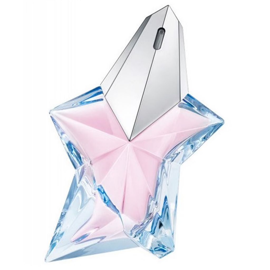 A star-shaped perfume bottle with pink liquid inside and a silver cap.
