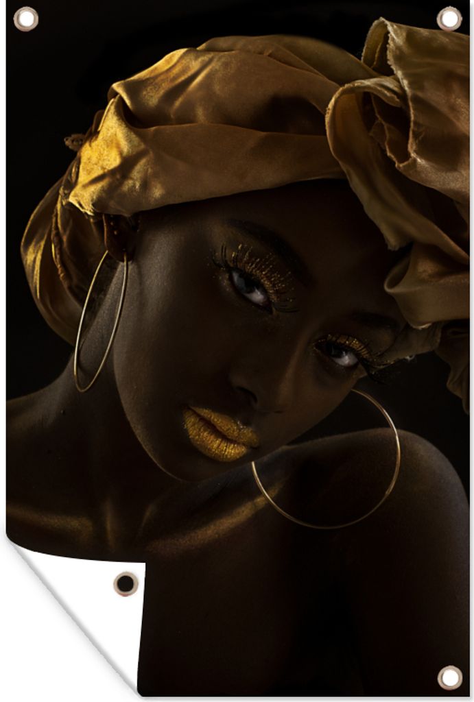 MuchoWow 40x60 cm Outdoor-Poster Gartendeko Sichtschutz Garten Poster für den Garten Frauen - Kopftuch - Gold - Luxus