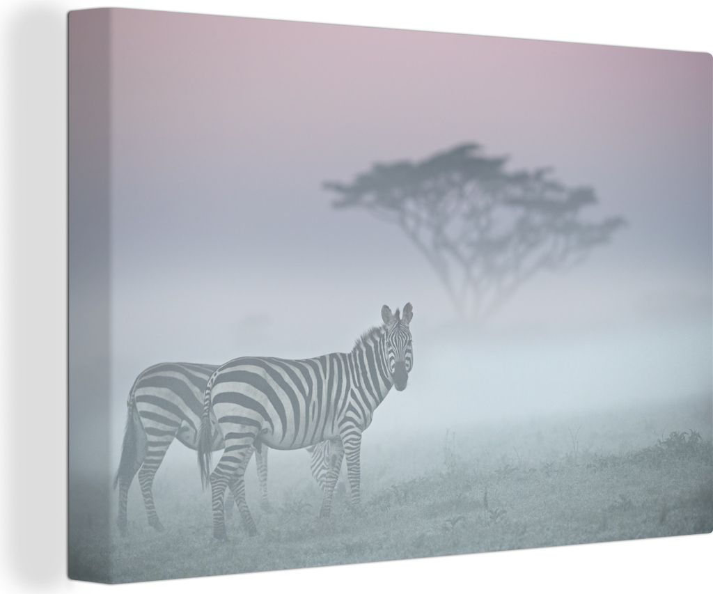 OneMillionCanvasses - Leinwandbilder - 140x90 cm, Zebras im Nebel, Wandbilder Kunstdruck Wanddekoration
