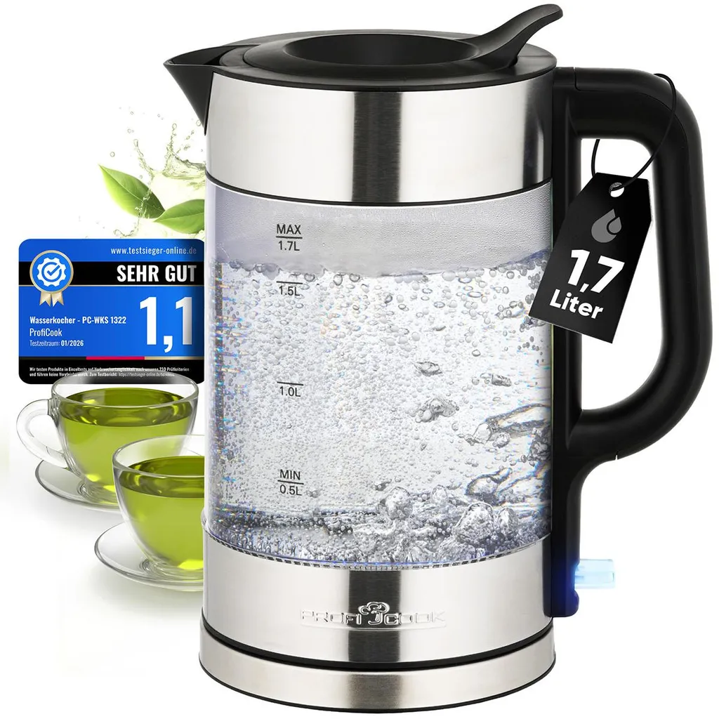 Bouilloire PROFI COOK PC-WKS 1322 en verre et inox foncé de 1,7 L