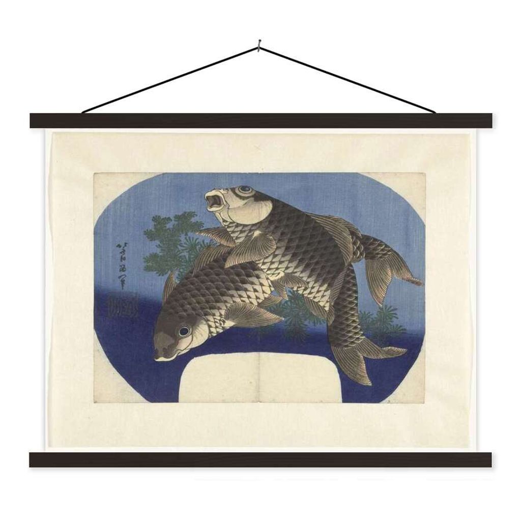 MuchoWow Textilposter Zwei Karpfen - Gemälde von Katsushika Hokusai 40x30 cm mit schwarzem Rahmen - Dekorationen